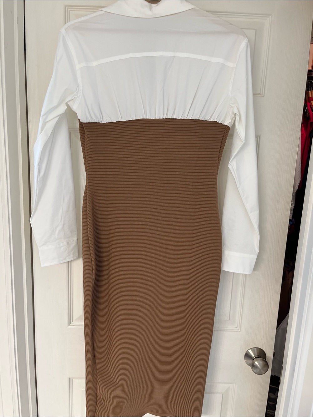 White and Brown Two-Tone Long Sleeve Midi Dress